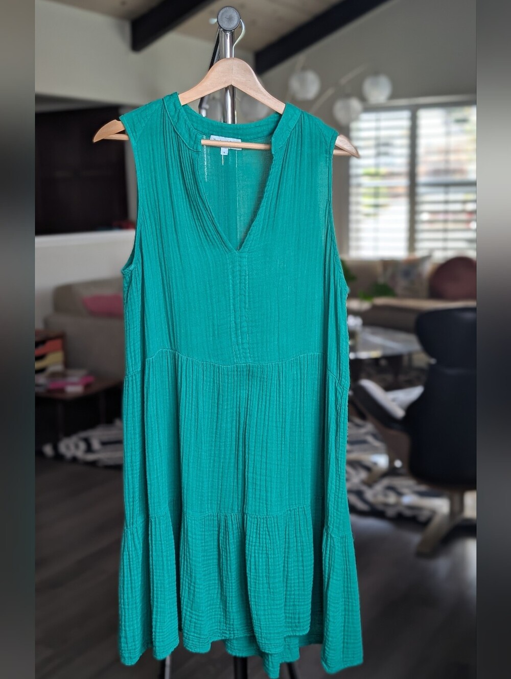 Michael Stars Kelly Green Sleeveless Gauzy Cotton Tiered Mini Dress size Small